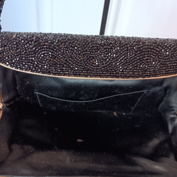 Vintage Women's black micro beads gold tone hardware handbag - Picture 7 of 7